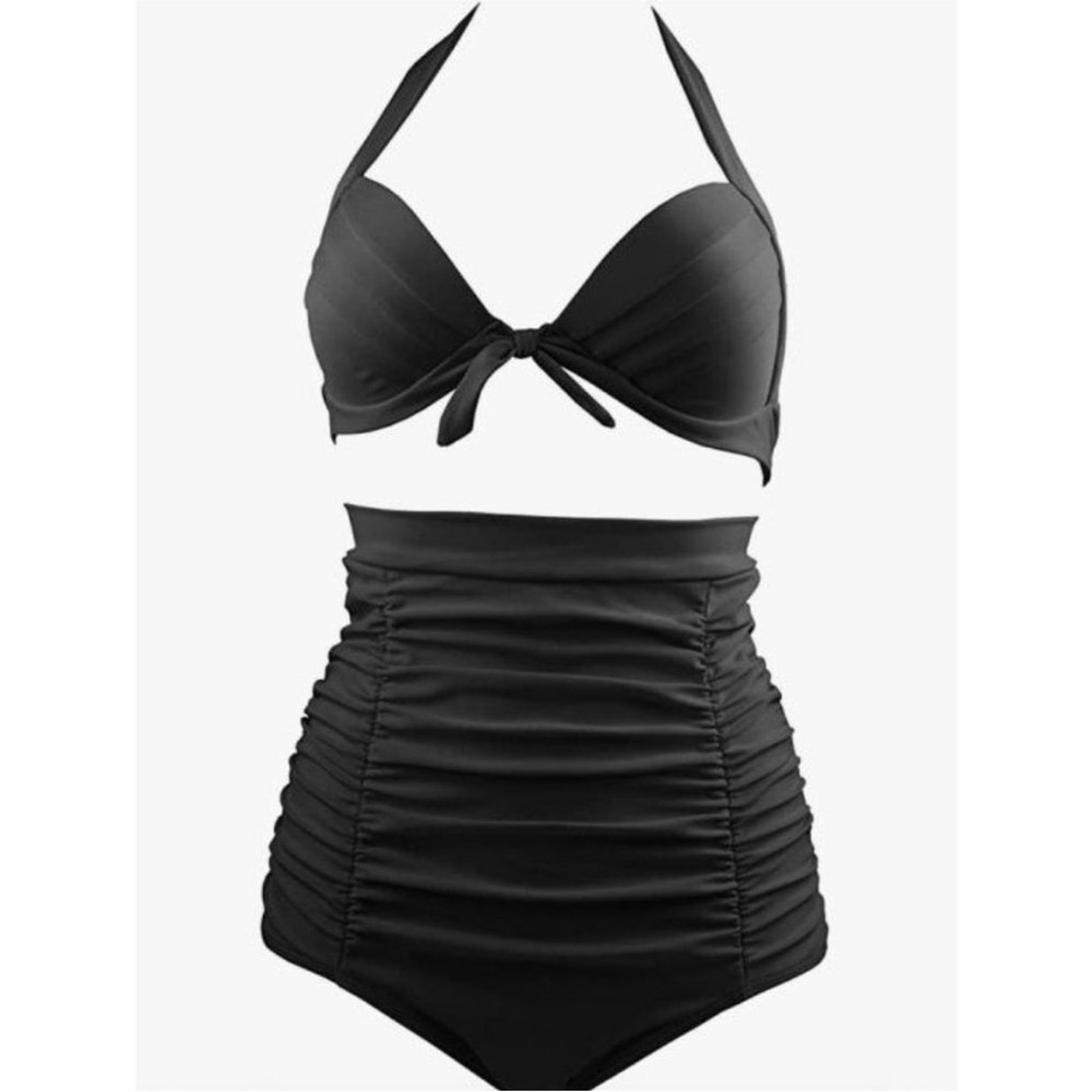COCOSHIP Black Retro Ruched High Waist Halter Bikini Size 12 NWT